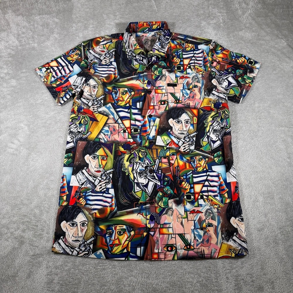 Retro Rifle Picasso Shirt Mens Small Multicolor Art Graphic Button Up Stretch‎